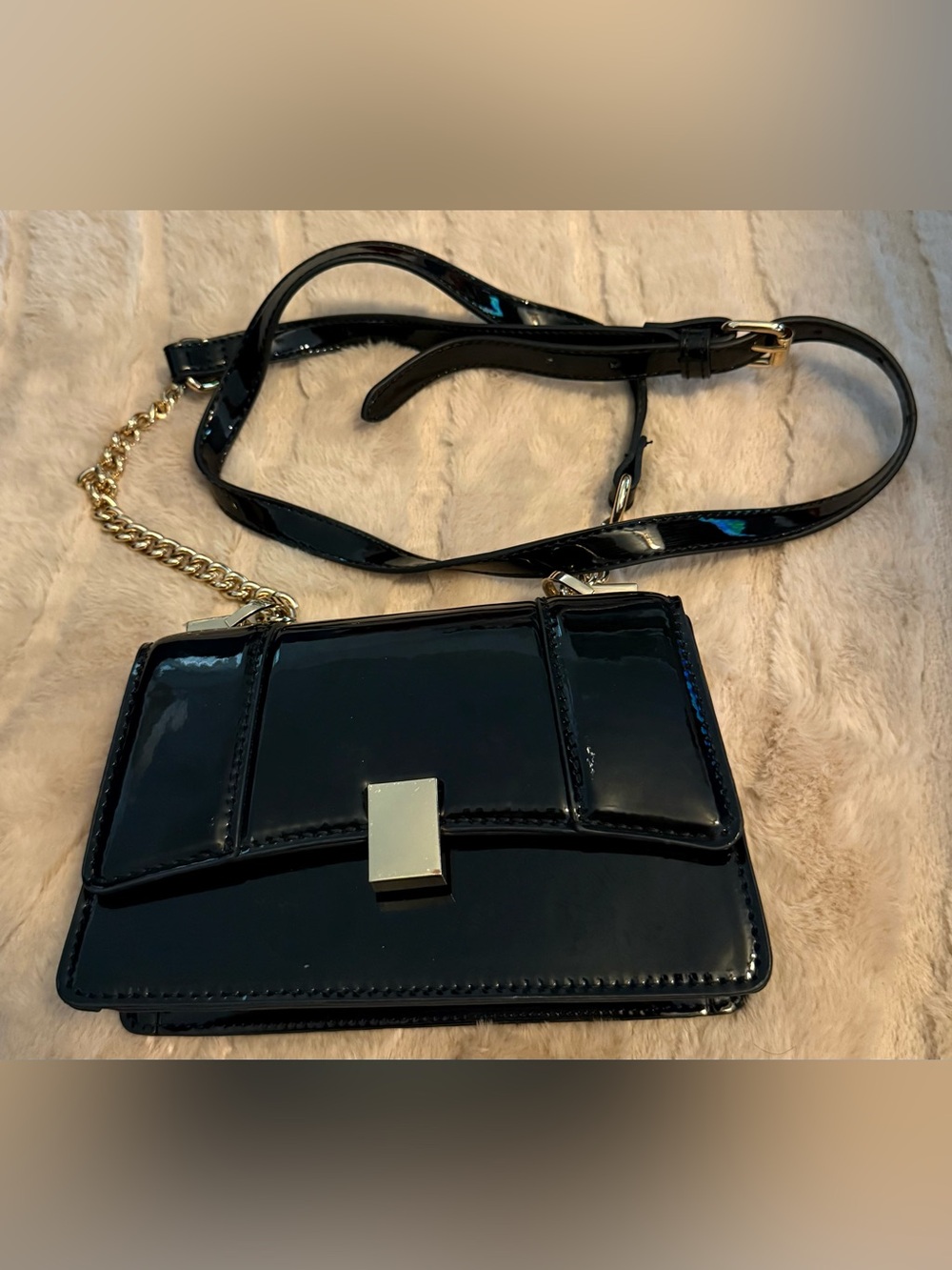Aldo Black Patent Crossbody with Gold Chain Accent. Small and shiny.